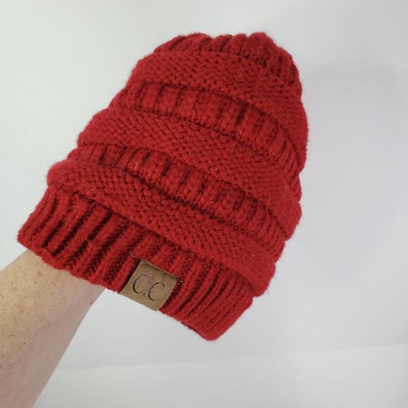 CC Beanie Knit Thick Cap Hat Unisex Solid Color red chunky knit - Picture 3 of 5
